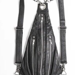 TRI ZIPPER Black Leather and Silver Backpack Utility Pack and Hip Ba
